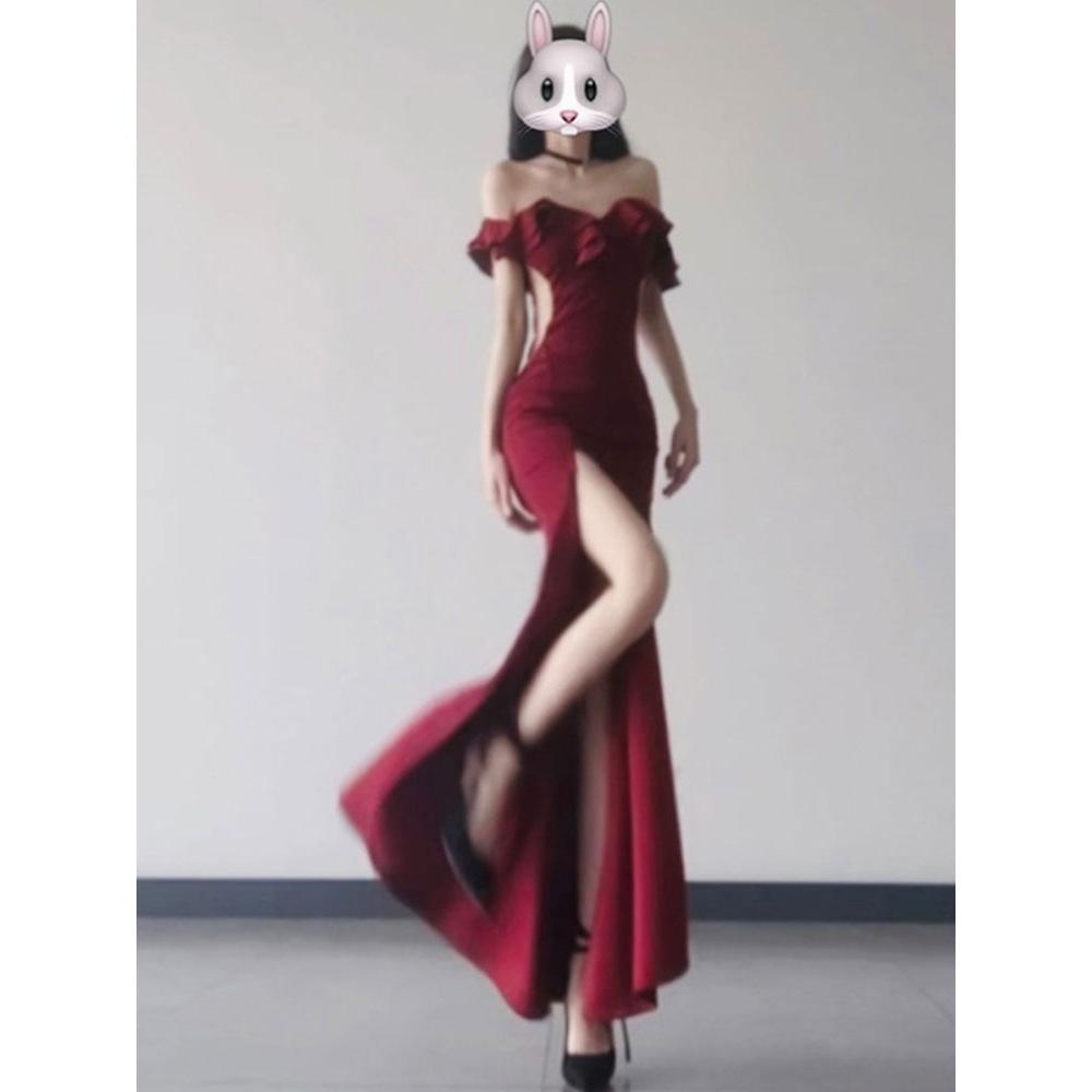 Temperament One-word Shoulder Dress Ruffle Edge Split Engagement Evening Dress Dress Niche High-end