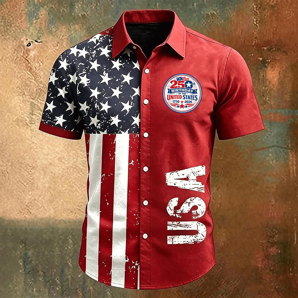 Men Short Sleeve Button Down Casual Collared Shirt with United States Letter Print and Flag Pattern for Spring Summer Wear
