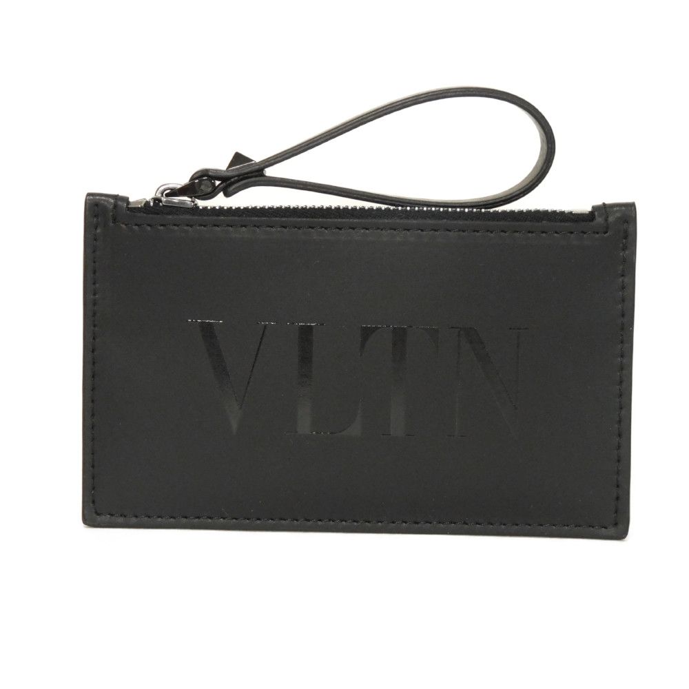 Used 8901 VLTN Logo Embossed Zip Card Holder 1Y0P0540BHY 7943 Calfskin RFID Unused One Stud Black Men's from Japan
