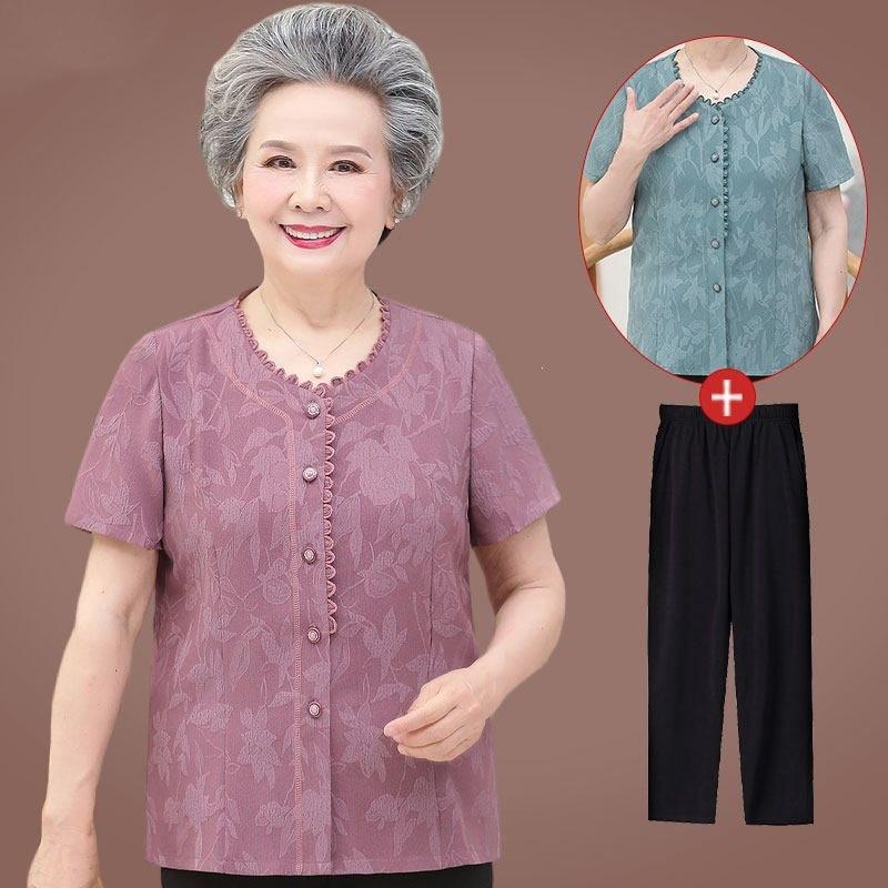 Summer Cotton Tops: Short-Sleeved, Loose-Fit Shirts for Middle-Aged and Elderly Women.