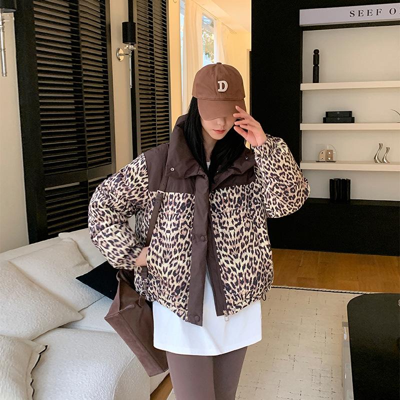 Abrigo Corto Estampado con Cuello Alto y Acolchado Grueso de Algodón Chaqueta de Invierno