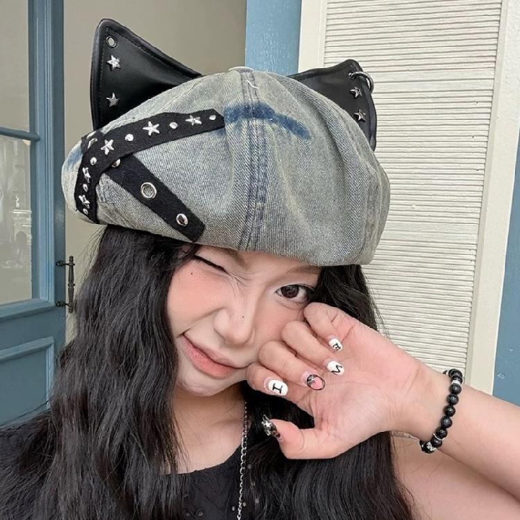 Aesthetic Studded Cats Ear Caps Cotton Adjustable Headwear Vintage Unisex Design For Cosplay Streetwear Outfit