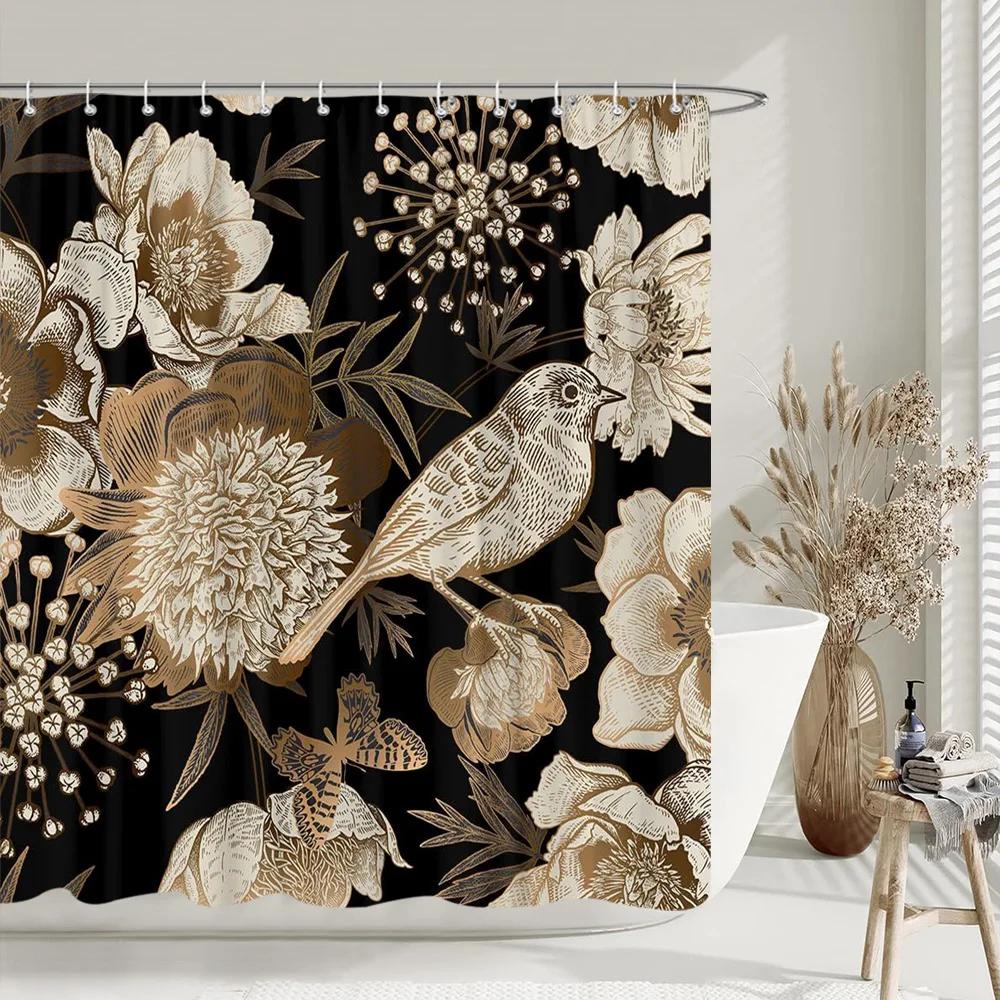 Black Gold Boho Botanical Floral Shower Curtain Vintage Floral Rose Aesthetic Unique Chic Polyester Bath Curtains Bathroom Decor