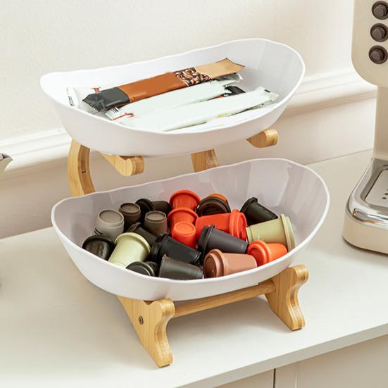 Multi Layer Fruit Basket with Bamboo Stand, Plastic Tiered Snack Tower for Candy Nuts, Space Saving Kitchen Counter Organizer for Living Room