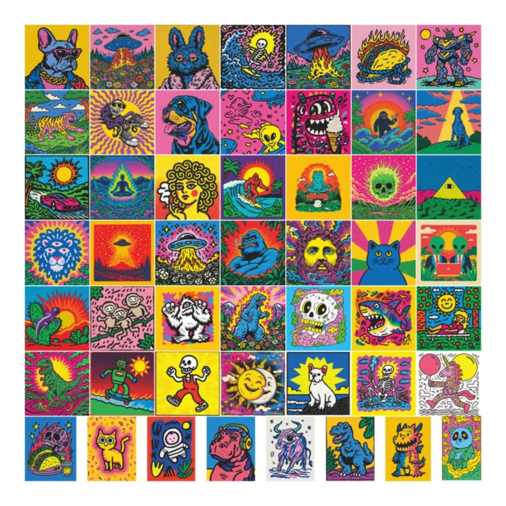 50Pcs Psychedelic Cartoon Color Aesthetics Graffiti Stickers Decoration Luggage Phone Guitar Scrapbook Cup Car Classic Kid Toys