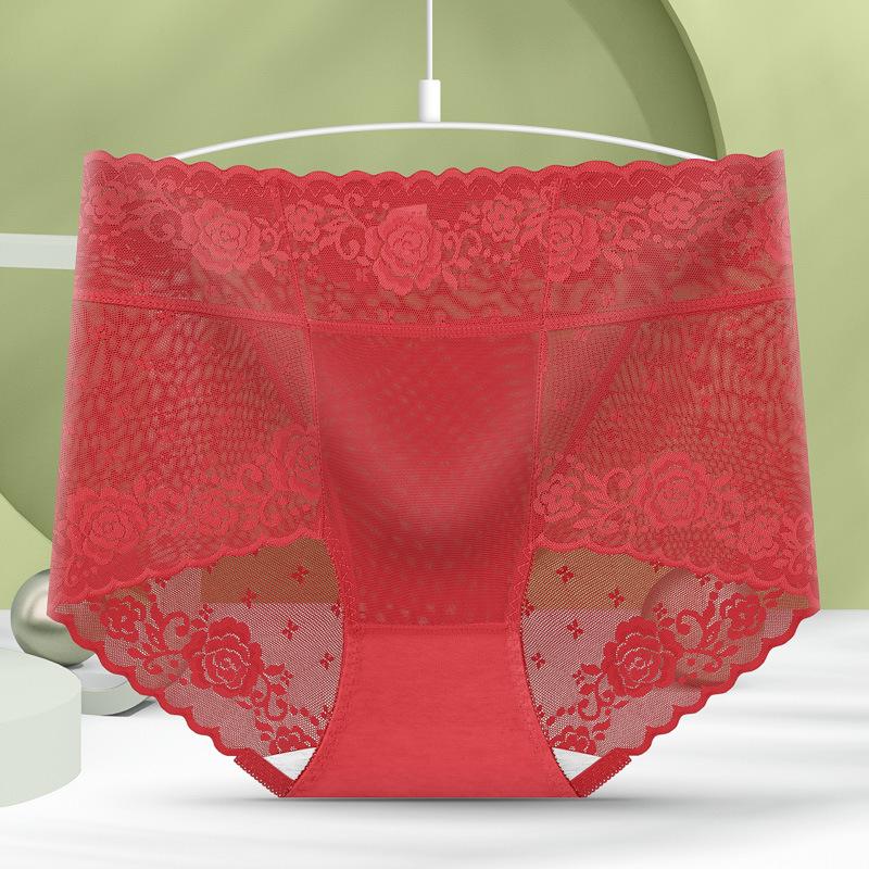 French Sexy Lace Women's Hip Lifting Underwear Mid High Waist Plus Size Seamless Mesh Antibacterial Cotton Triangle Pants