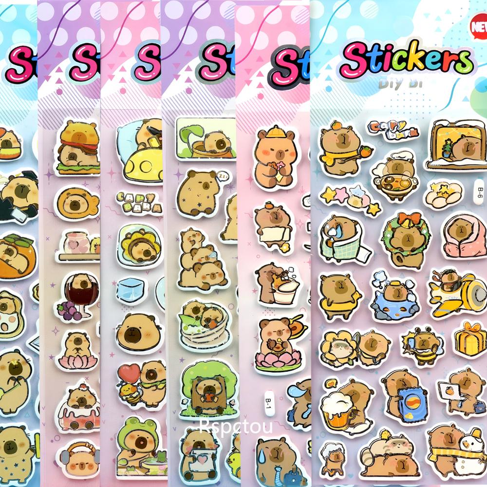 

6pcs Cute Animal Capybara 3D Puffy Relief Stickers Kawaii Creative Bubble Decals Notebook Stationery Phone Funny Cartoon Sticker