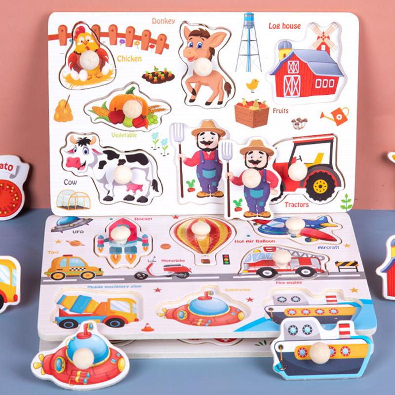Children Wooden Puzzle Montessori Toys Cartoon Animal Traffic Hand Grab Boards Early Learning Educational Toy for Kids TMZ