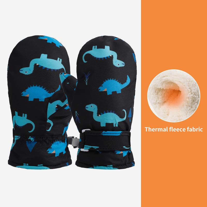 Quick-Drying Waterproof Kids' Ski Gloves with Cartoon Print - Thickened, Plus Velvet for Autumn and Winter