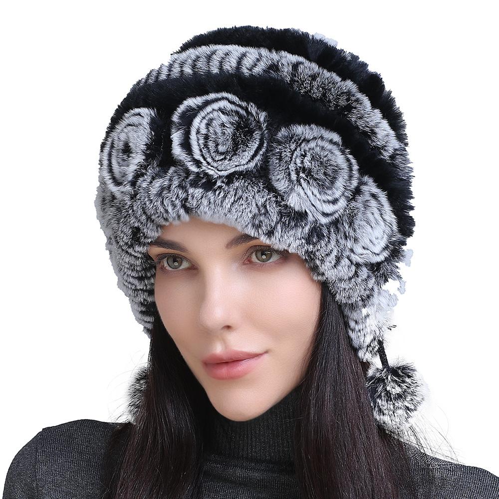 Women's Warm Thick Ear Protection Fur Rex Rabbit Hair Hat Three-ball Autumn and Winter Women's Woven Wool Hat
