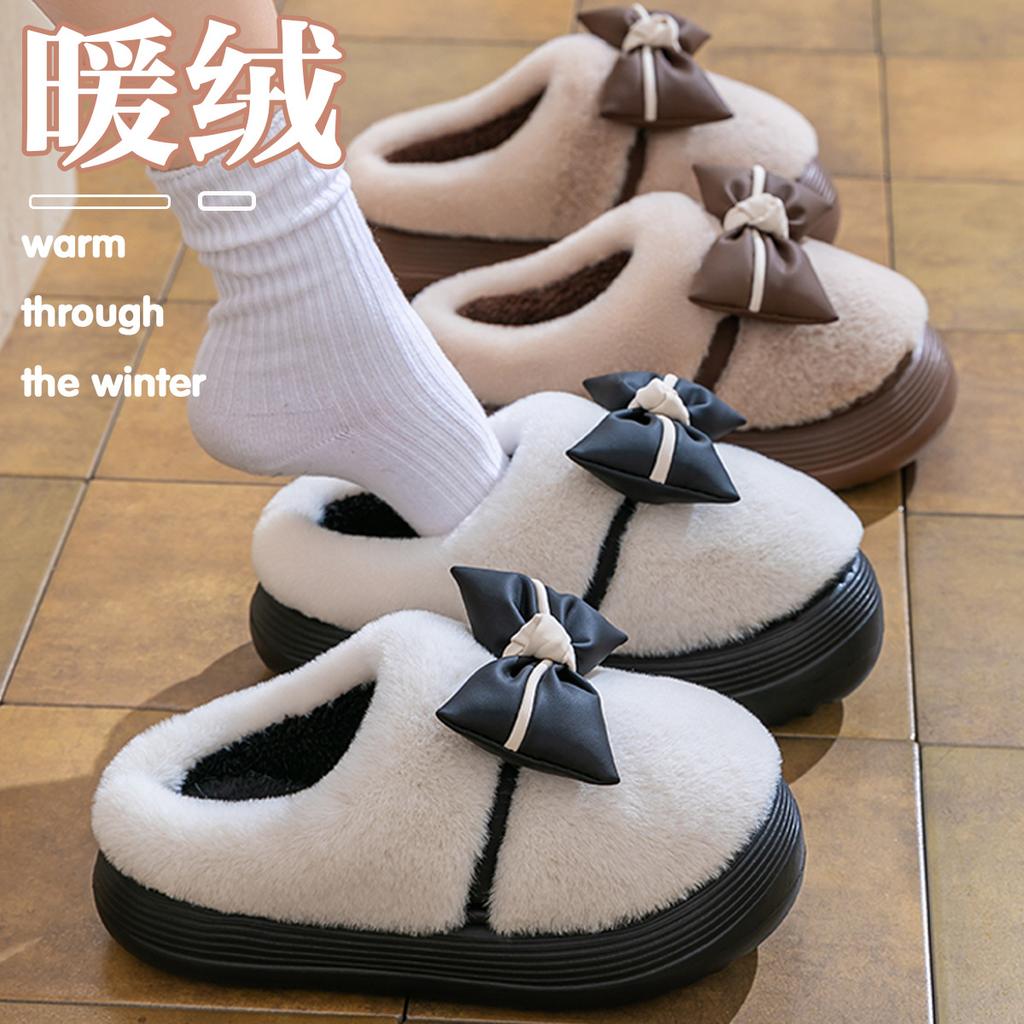Cotton Slippers Thick-soled Indoor Household Cartoon Cute Bow Slippers Winter Bag Heel Warm Home Cotton Shoes High Heel