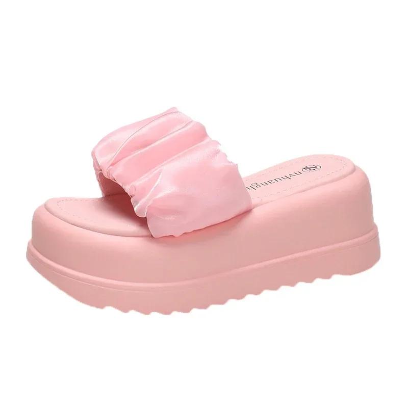 Summer Women Lace Chunky Slippers Beach Flip-Flops Wedge Heels Shoes Woman High Platform Slippers Outside Sandals 7CM Slides