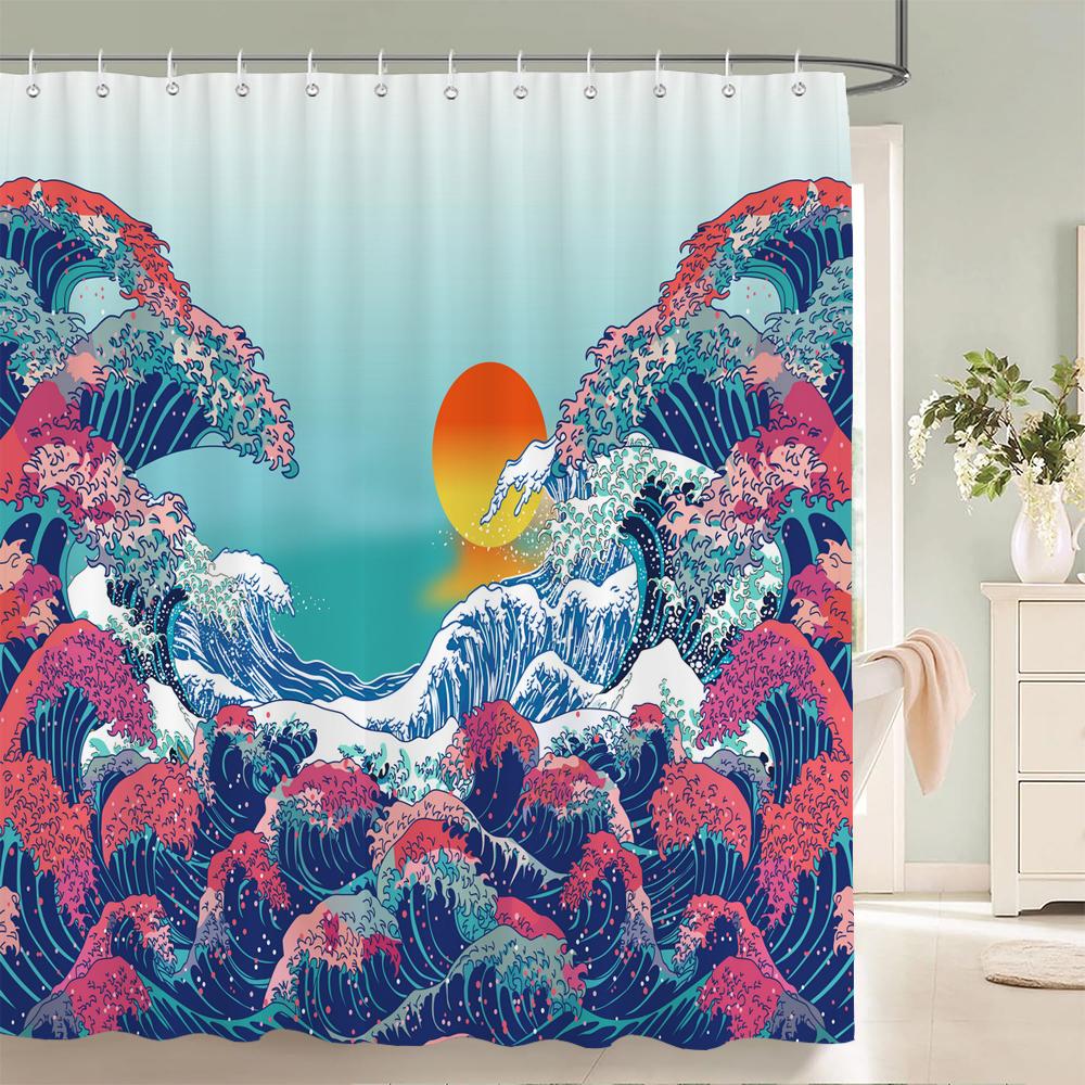 

1 упаковка полиэстеровая шторка для душа с узором в японском стиле, волны, водонепроницаемая ткань, занавеска-перегородка для ванной комнаты, домашняя декоративная шторка W90xH180cm