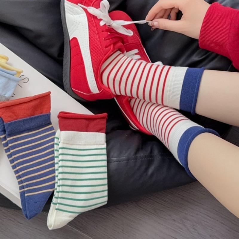 Autumn Trendy Socks: Double Slit Striped Contrasting Color Women's Socks, Breathable Combed Cotton Mid-calf Socks