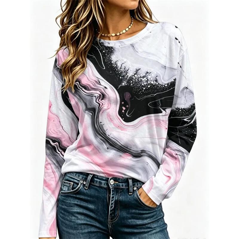 3D Casual Color Printing Casual Long SleeveFashion Women's Crew Neck Long Sleeve Crew Neck T-Shirt