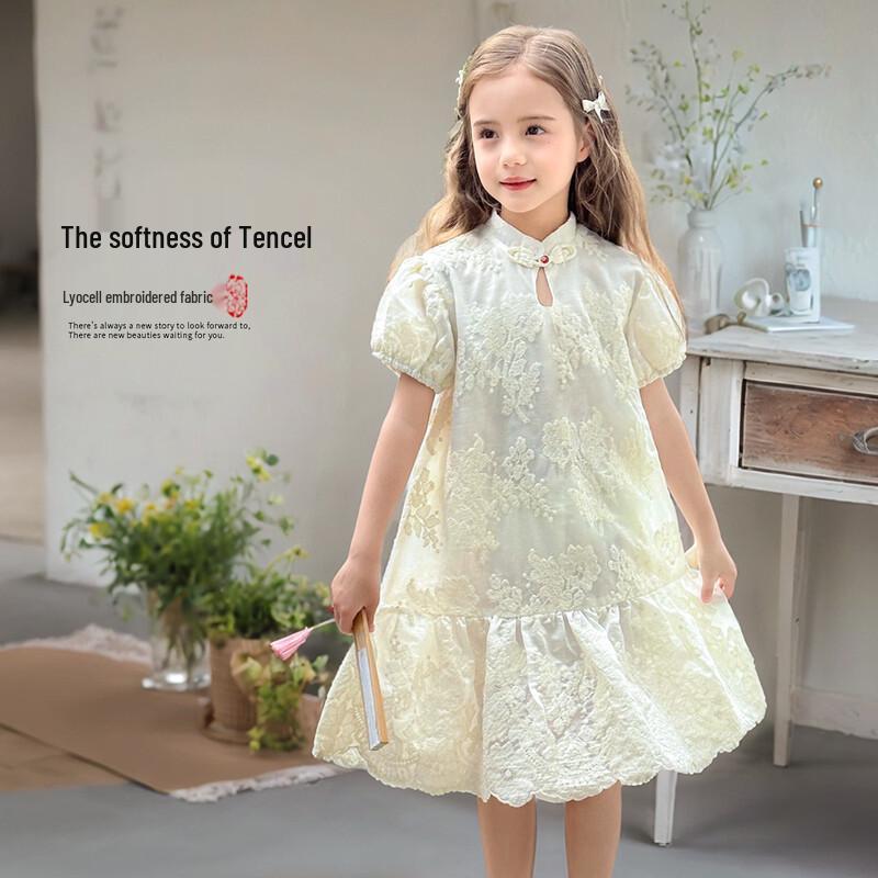 Girls  Summer New Chinese Style Embroidered Tencel Dress 160