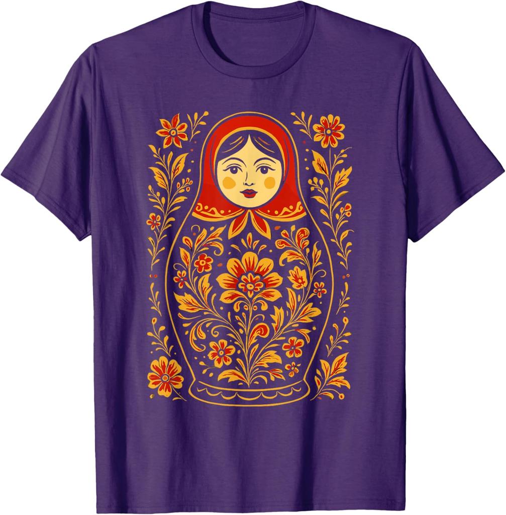Matryoshka Doll Floral Print Graphic Tee Russian Nesting Folk Art Casual Cotton T-Shirt