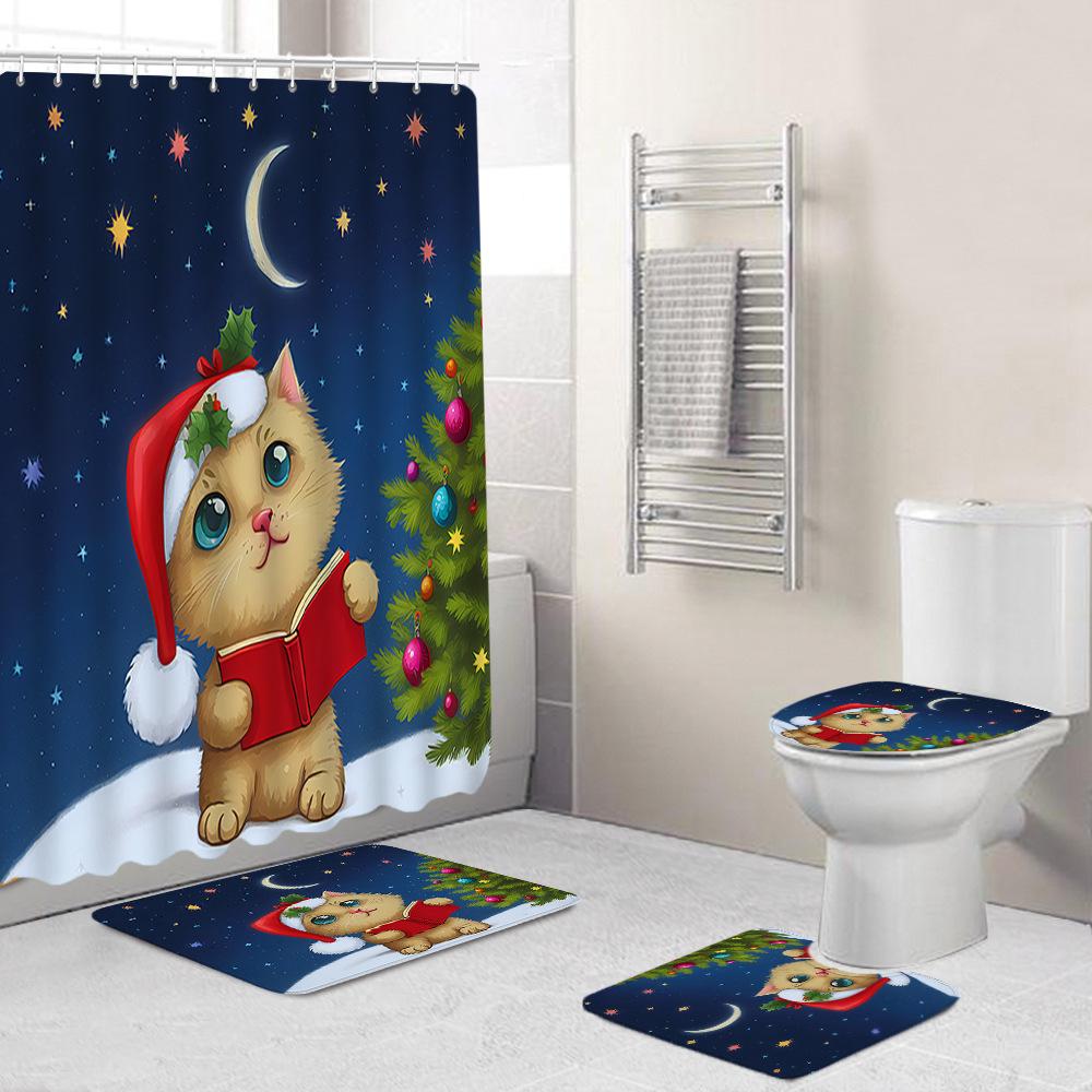 Christmas Toilet Cover Shower Curtain Floor Mat Set Santa Carpet Door Mat Foot Mat Non-Slip Mat