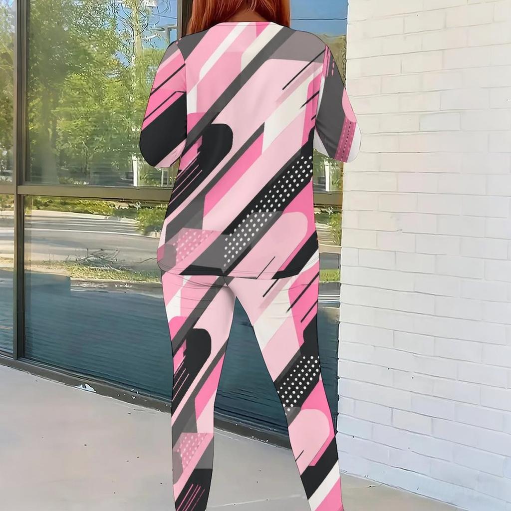 Women Plus Size Two Piece Set Round Neck Long Sleeve Printed Top And Fitted Pants