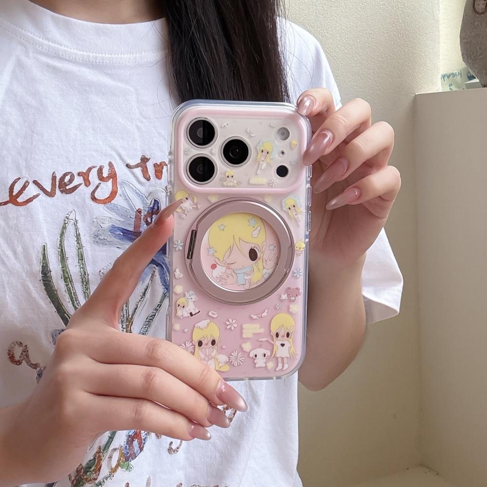 Kawaii Sweet Pink Cartoon Girl Print Phone Case for iPhone 17 16 Pro 15 16 17 Pro Max Cute Shockproof Case with Magnetic Holder