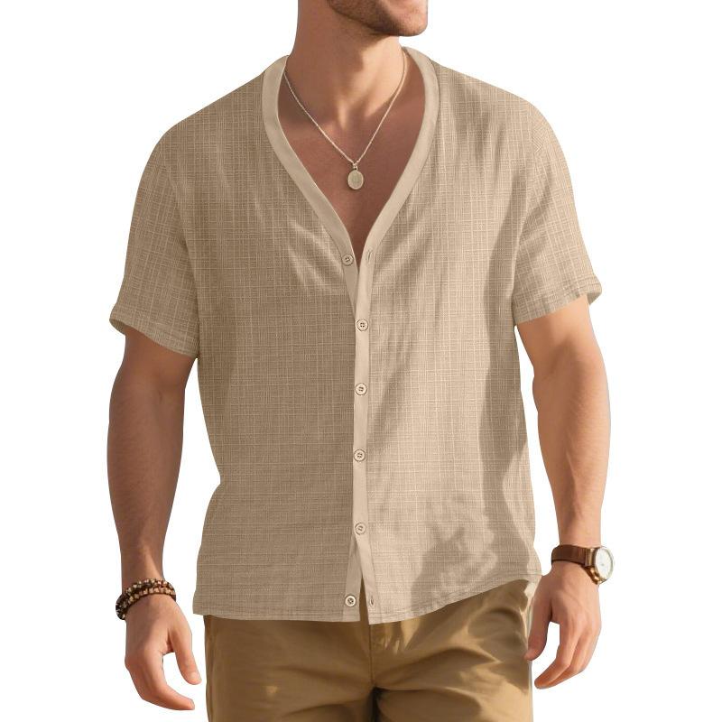 Men's Summer Short-sleeved Henry Shirt Loose Casual Trendy Button Cardigan T-shirt Solid Color Versatile