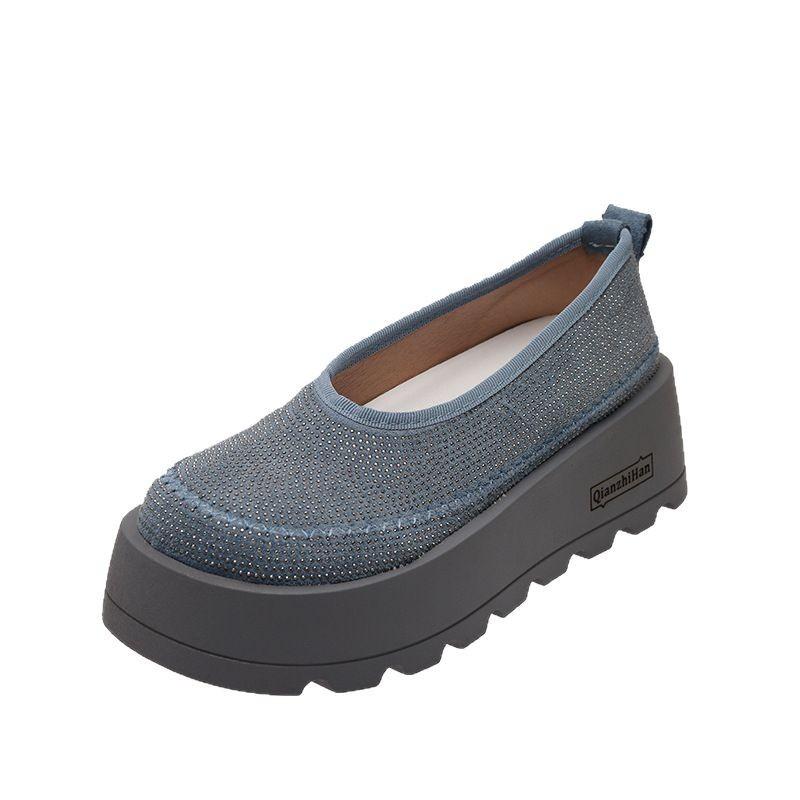 Stylish and comfortable flat-bottomed new one-pedal round-head rhinestone thick-soled heightening shallow-mouth single shoes