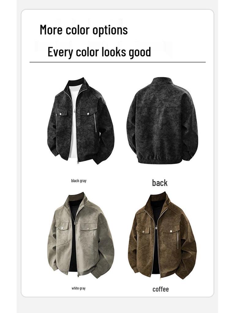Men's Gray PU Leather Stand Collar Retro Workwear Jacket for Spring/Autumn