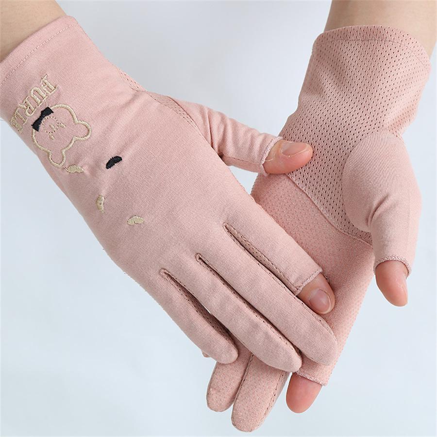 

Women s Cute Bear Embroidery Sun Gloves, UPF 50+ UV Protection, Breathable Mesh, Fingerless Gloves for Driving L рожевий