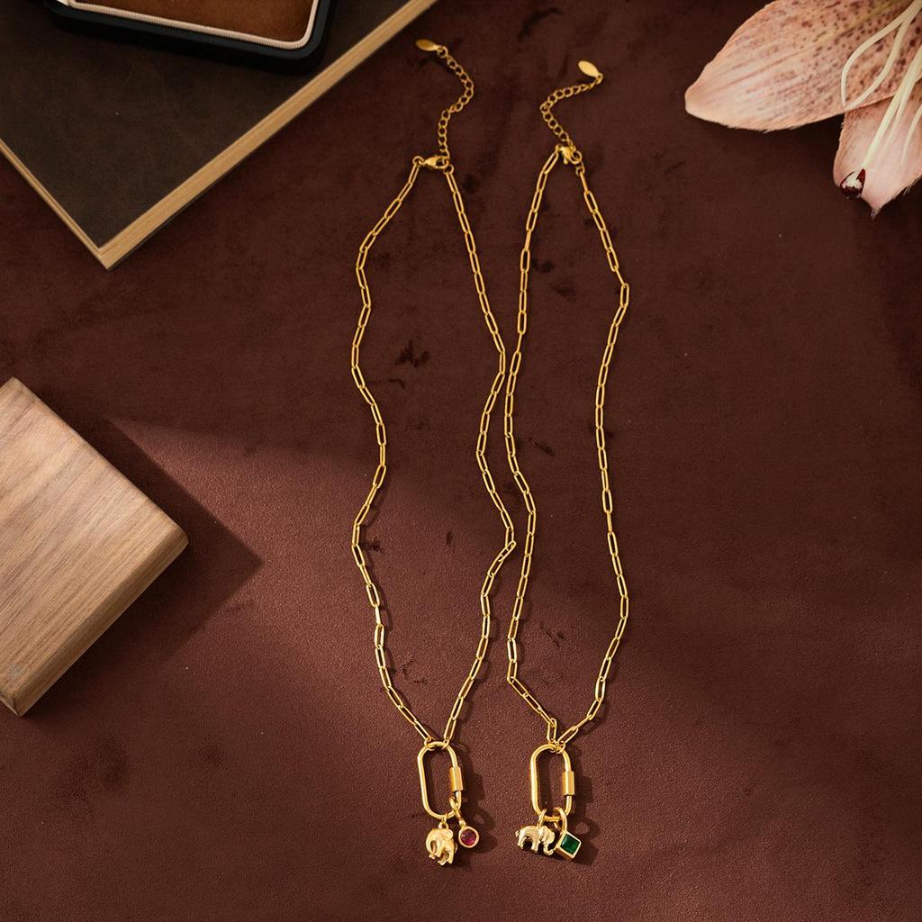 18K Gold-Plated Zirconia Elephant Pendant Necklace, Stainless Steel, Constellation Design, European/American Style, Durable Color Retention.