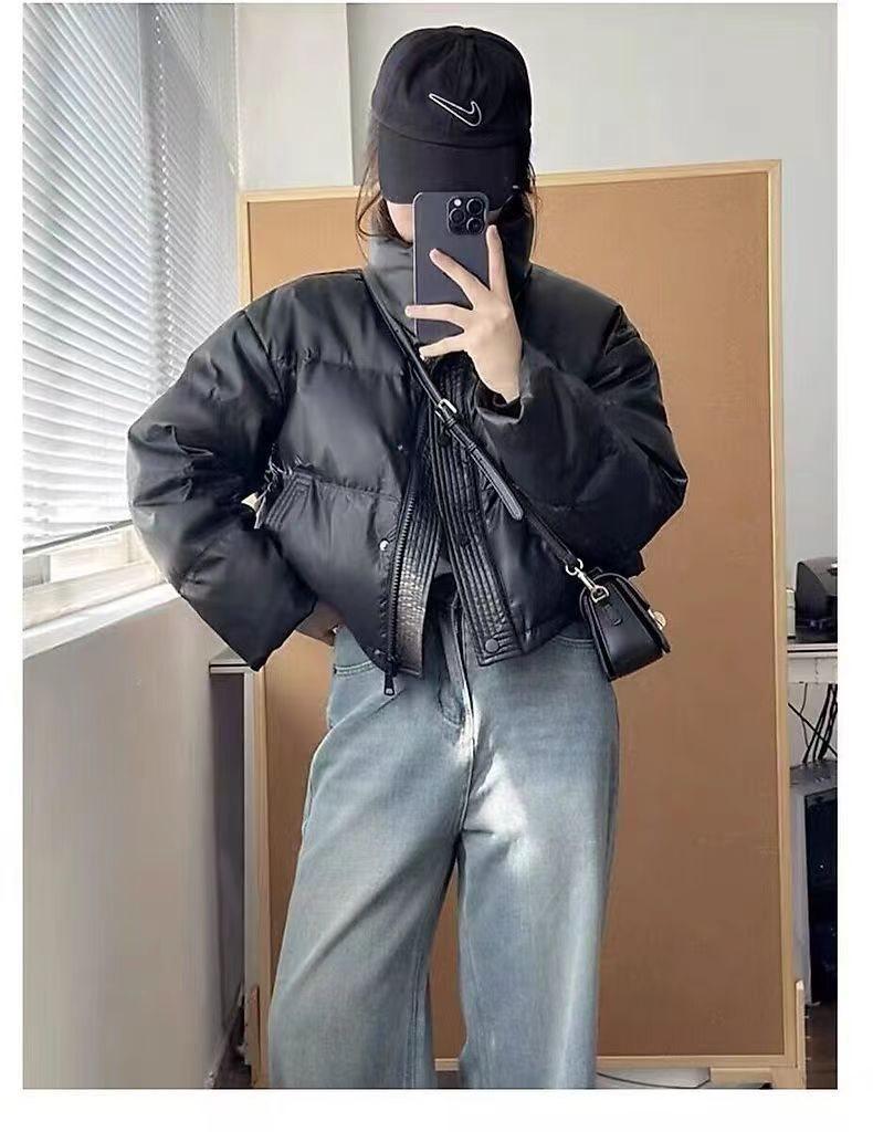 Tvättfri Läderolja Vinterkappa: Förtjockad, Varm, Koreansk stil, Ståkrage, Kort längd, Åldersreducerande, Lätt lyxig damjacka.