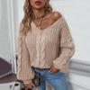 European and American Solid Color Cable Sweater Women's Autumn and Winter New Retro Loose Lantern Sleeve Knitted Sweater