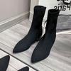 Socks and boots women's daily elastic thin boots 2025 new autumn and winter pointed knitted black low-heeled thick-heeled short boots