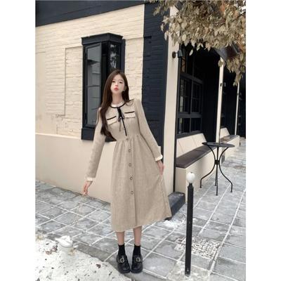 Spring Autumn New French Style Tight Waist Gentle Elegant Solid Color Long Sleeve Collar Lace-up Dress