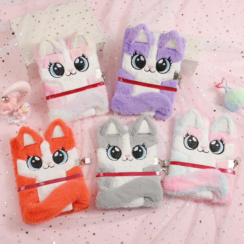 Cute Cat Plush Notebook with Lock 4 Colors Soft Furry Journal Diary, Secret Password Book for Girls Kids School Stationery Gifts