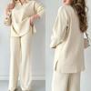 Women's Loose Fit Polo Collar Long Sleeve Split Hem Top Elastic Waist Wide Leg Pants Solid Ribbed Knit Two Piece Loungewear Set