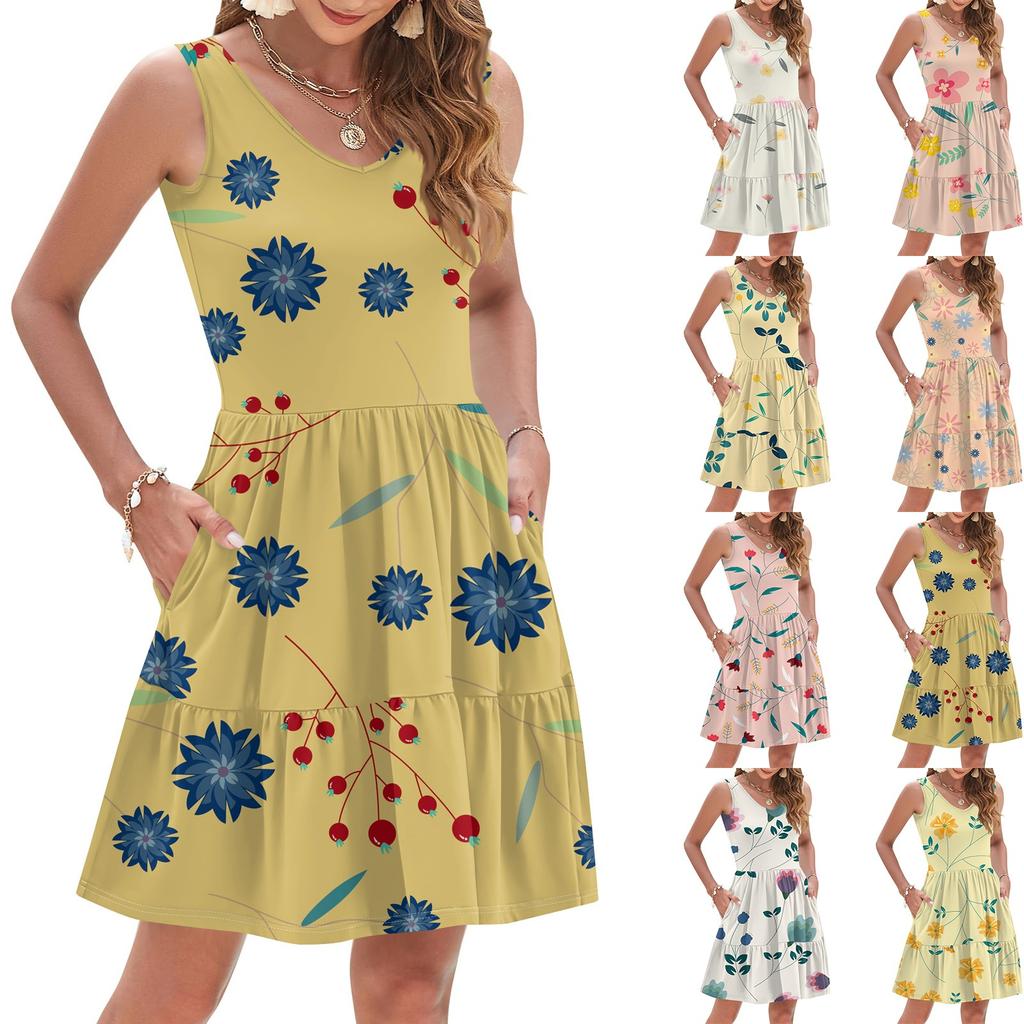 Damen Sommer Mode Lässig V-Ausschnitt Plissee Steppnaht Kleiner Blumendruck Ärmellos Westenkleid Mit Taschen