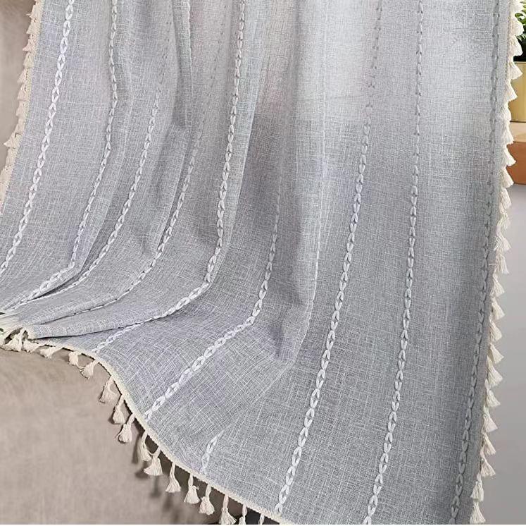 Cotton And Linen Fringed Kitchen Window Drapery French Striped Rod Pocket Curtain