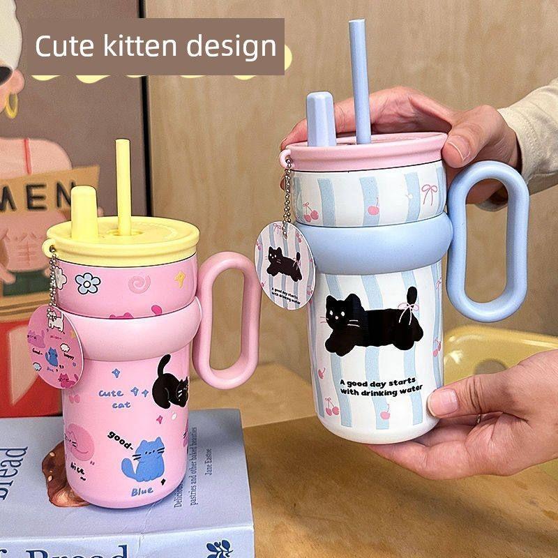 Large-Capacity Thermos Cup for Girls, New Office Water Cup, Giant Student Cup with Handle and Straw, High Aesthetic Value