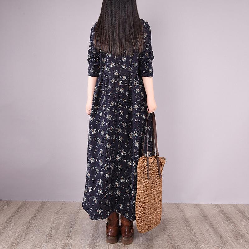 Printed round neck long-sleeved cotton and linen dress for women's 2025 spring and autumn new loose velvet retro floral dress