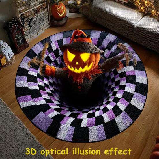 Sezónní sváteční dekorace 3D kulatý Halloween koberec, Strašidelný kostlivec Optická iluze Plošný koberec, Jedinečné vizuální rohože Prošívaný strašidelný hloubka Neklouzavý koberec