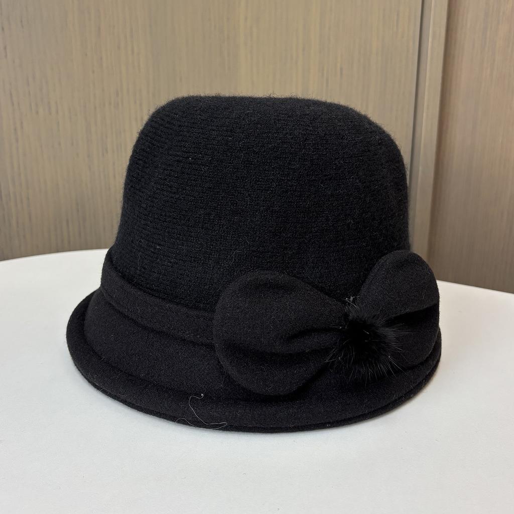 Wool Bucket Hat Thermal Hat Children Elegant Hairball Bow Mother Basin Hat