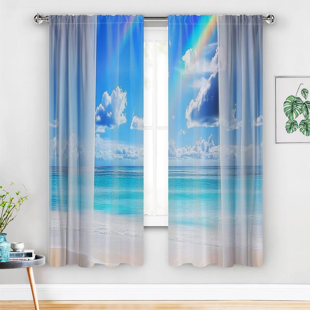 2PCS Classic Polyester Curtains – Tropical Blue Ocean & Beach Scene   Ocean-Themed for Bedroom & Living Room