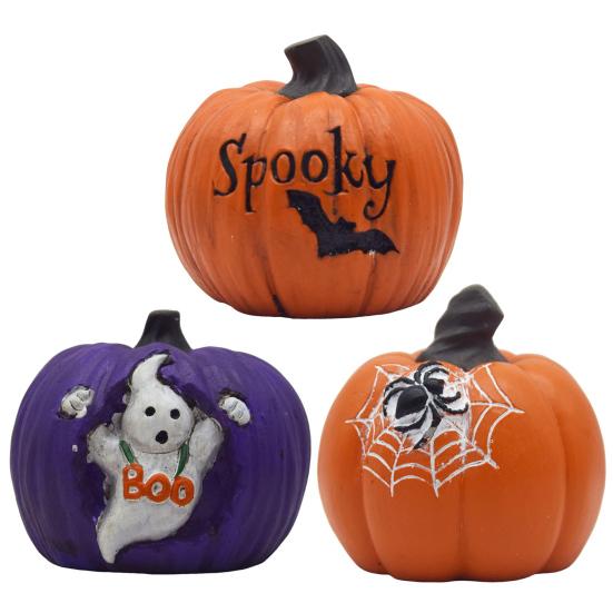 Halloween Pumpkin Figurine Spooky Bat Ghost Spider Web Pumpkin Statue Resin Tabletop Decoration for Home Mantel Shelf Decor