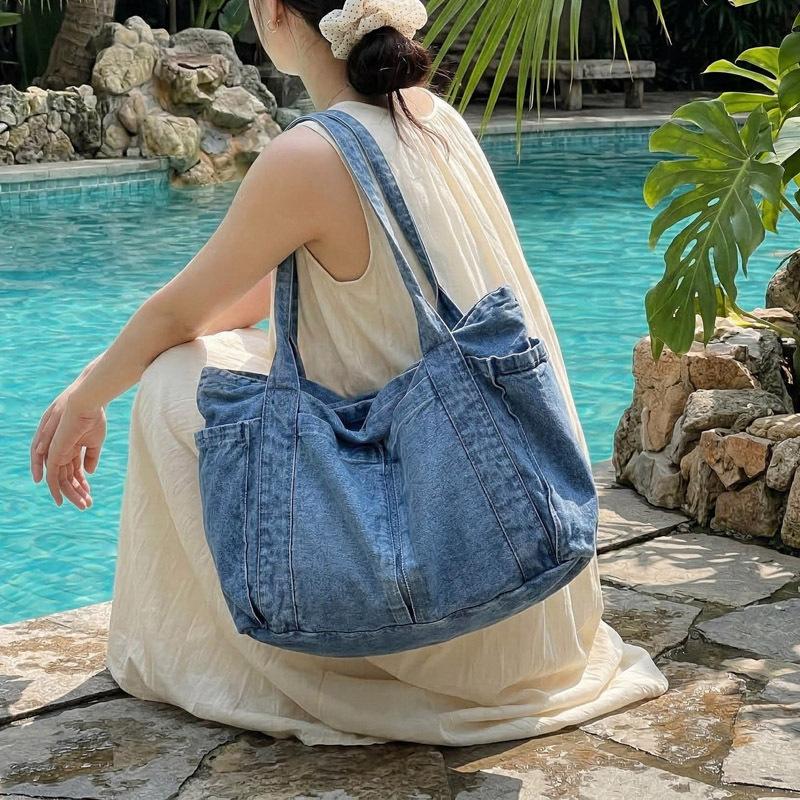 Borse a Spalla Vintage di Grande Capacità Stile Coreano Denim Lavato Casual e Minimalista Borsa da Pendolarismo Nuova Moda Semplice Borsa per Mamma
