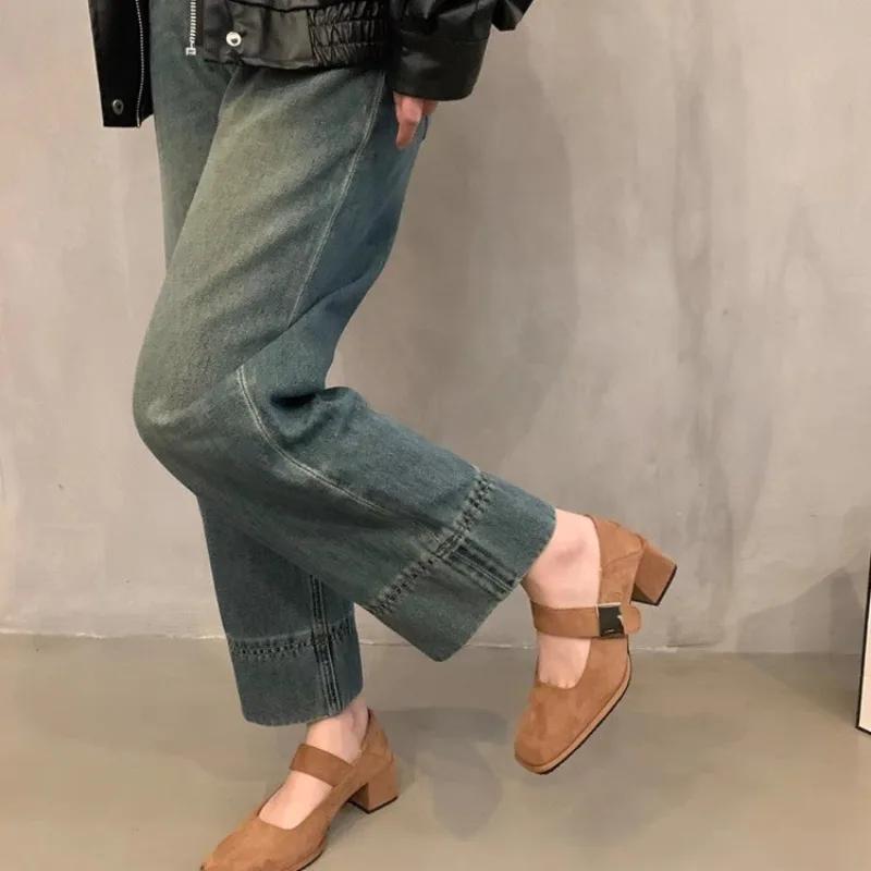 French thick-heeled camel square suede temperament single shoes 2026 new spring and summer retro versatile commuter shoes