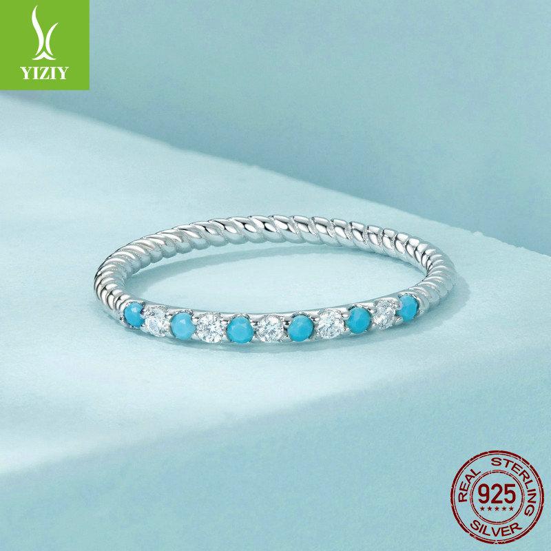 Simple Synthetic Turquoise Ring For Women, Exquisite Sparkling S925 Sterling Silver Twist Ring Jewelry