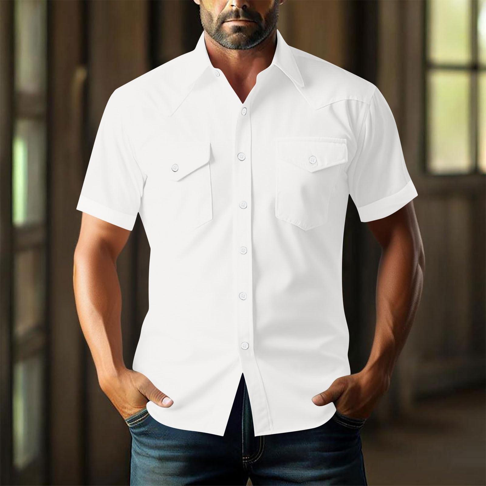 

Men s Loose Classic Lapel Multi-pocket Industrial Work Shirt Top M білий