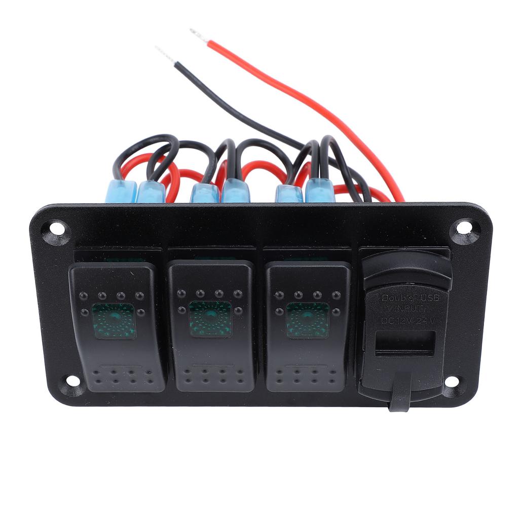 12V 24V 3 Gang Rocker Switch Aluminum Panel with Voltmeter Dual USB Fast Charging Multifuntional Switch Panel for Boat