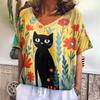 Retro T-shirt Women's V-neck Cartoon Cat Summer Casual Fashion Short Sleeve Tops Harajuku Wind T-shirt OverSize Women's Clothing