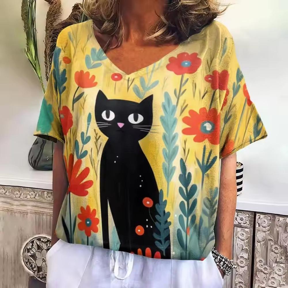 Retro T-shirt Women's V-neck Cartoon Cat Summer Casual Fashion Short Sleeve Tops Harajuku Wind T-shirt OverSize Women's Clothing